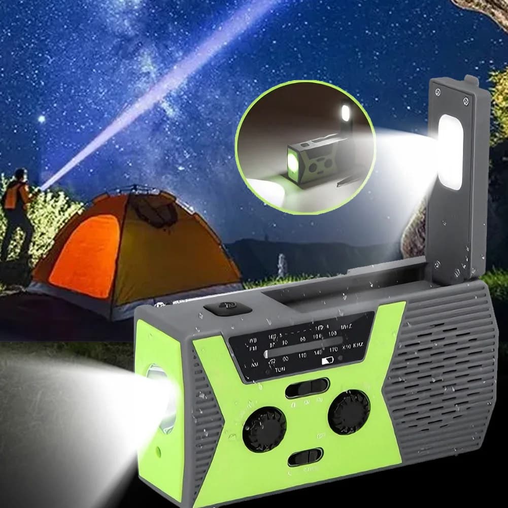 Radio portatile di emergenza con torcia, luce da lettura, ricarica solare e manuale a manovella per attrezzatura da campeggio ed escursionismo