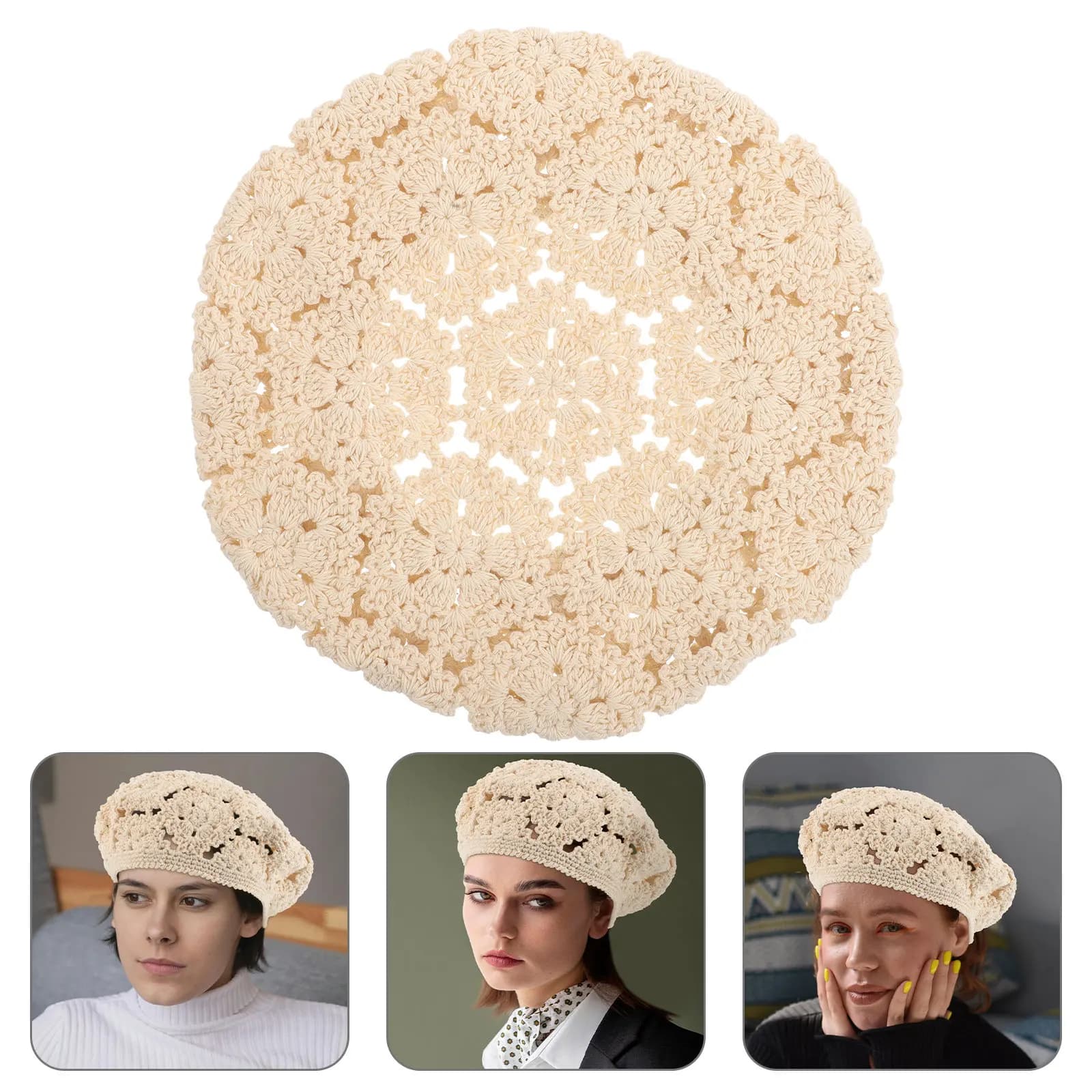 Handcrafted Hollow Woven Cotton Straw Beret Hat Women Summer Picnic Outdoor Breathable Artist Painter Cap Fashionable French