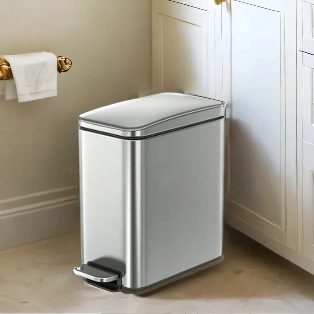 Cestino per Rifiuti da Bagno da 5L con Coperchio, Design Sottile per Spazi Ristretti, Pattumiera in Acciaio Inossidabile, Chiusura Ammortizzata