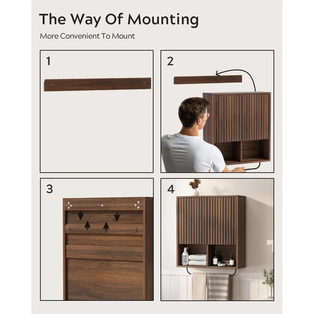 Armadietto da Bagno a Parete, Mobiletto Portamedicinali in Legno Scanalato con 2 Ante, Ripiano Regolabile e Barra Portasciugamani, Personalizzabile