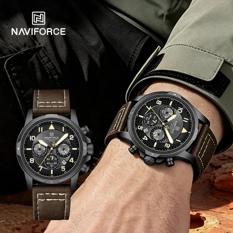 Orologio da Uomo NAVIFORCE, Cronografo al Quarzo, Impermeabile 30M, Lancette Luminose, Cinturino in Pelle, Orologio da Polso Elegante e Professionale