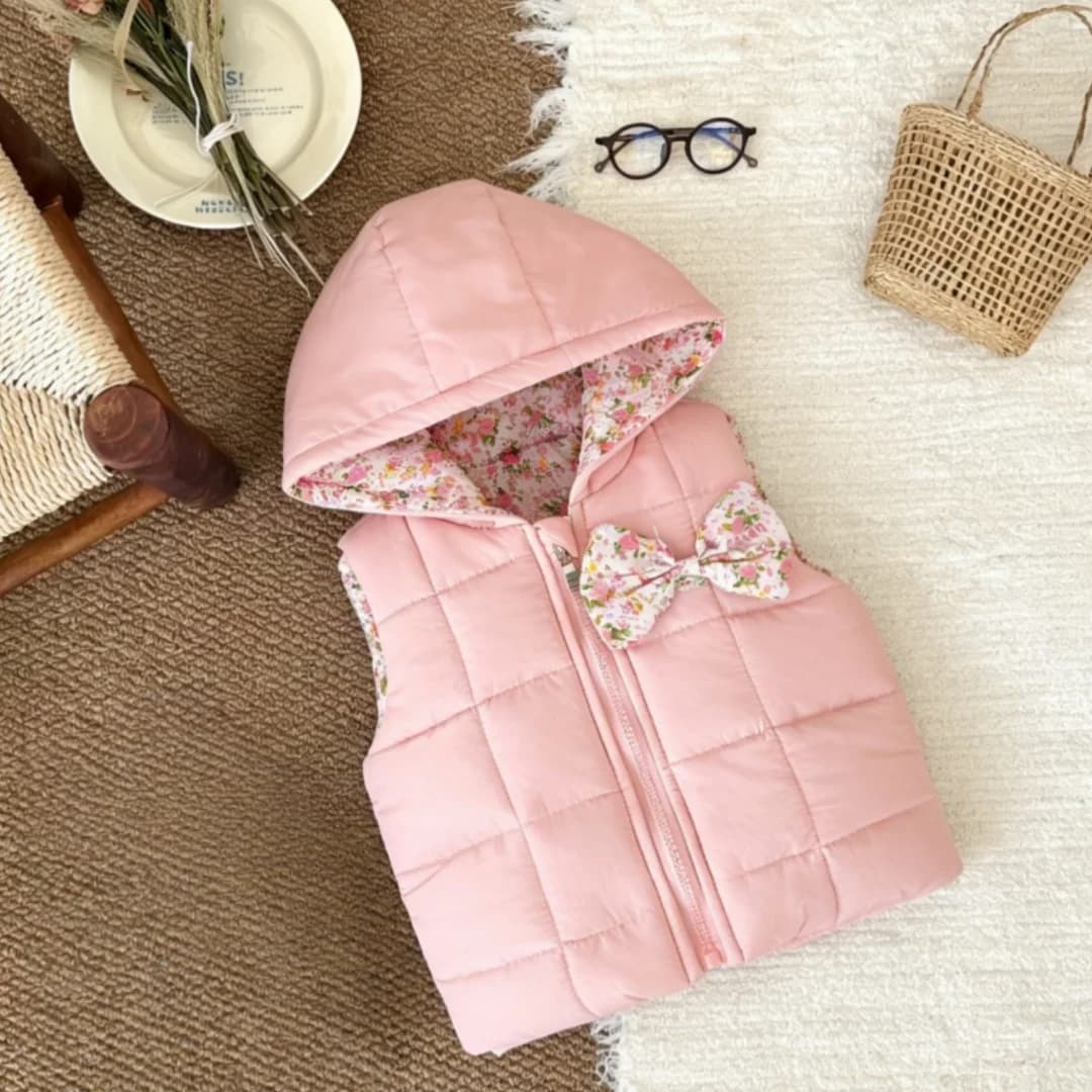 Cappotto Invernale per Bambina, Gilet Senza Maniche con Cappuccio e Fiocco, Giacca Calda e Carina con Motivi Cartoon, Abbigliamento per Neonata