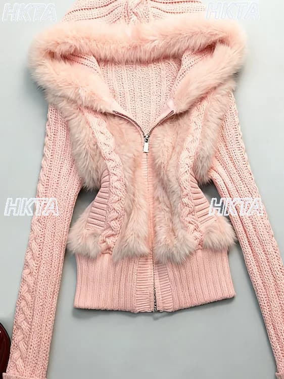 Sweet Elegant Autumn Winter Slim Casual Plush Twisted Knitted Sweater Coat Hooded Coats Girls White Sweaters Cardigan Women