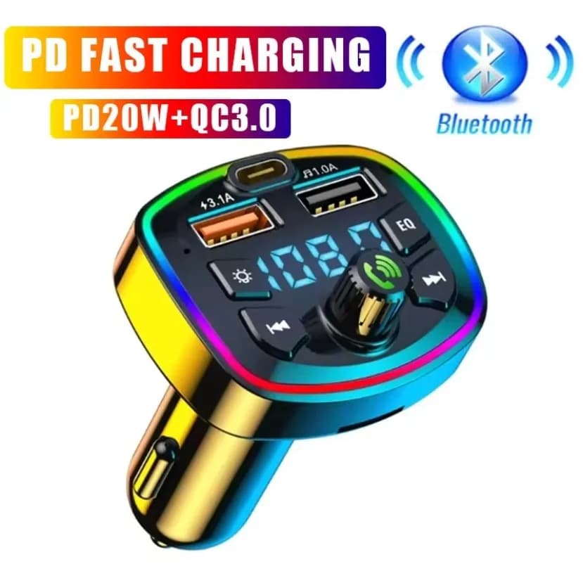 Ricevitore Bluetooth a ricarica rapida Trasmettitori FM per auto 7 in 1 PD 20W QC 3.0 Lettore MP3 Schede di memoria Flash Drive USB 128G Luce RGB