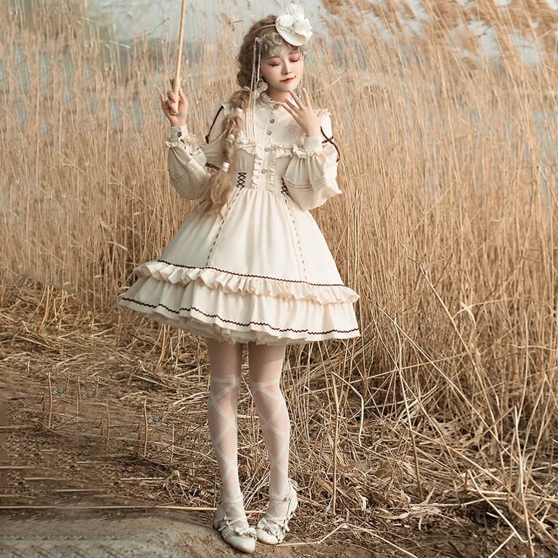 Una nuovissima gonna OP originale a maniche lunghe della pastore, un abito da principessa country Lolita fresco e dolce