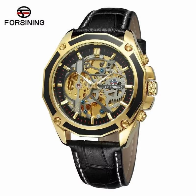 Moda Forsining Top Brand Uomo Casual Movimento meccanico cavo Orologio automatico impermeabile con cinture in vera pelle dorata di lusso