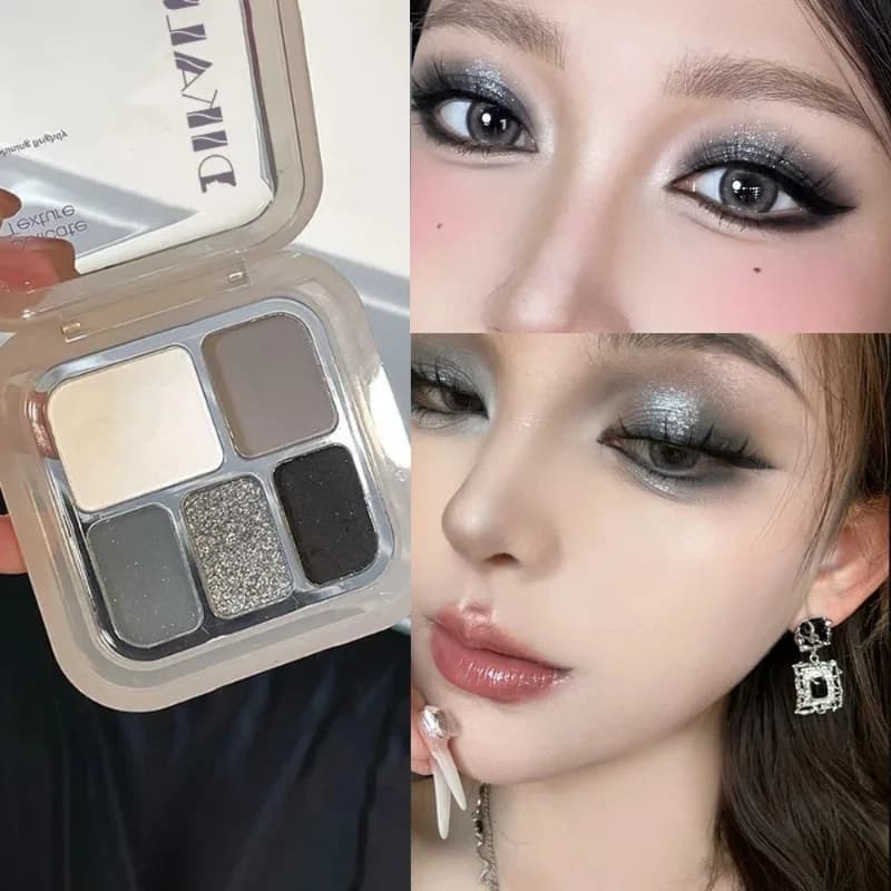 Tavolozza di ombretti Punk Smokey a 5 colori Finitura luccicante opaca Trucco per occhi Bianco argentato Cemento Grigio Nero scuro Trucco per feste duraturo