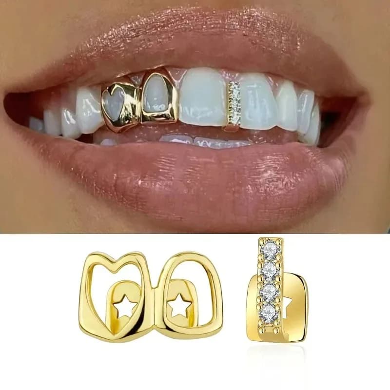 Set di gioielli con denti Golden Grillz per uomo e donna, cuore cavo con zirconi intarsiati in rame, regalo di San Valentino indossabile quotidianamente, Hip Hop