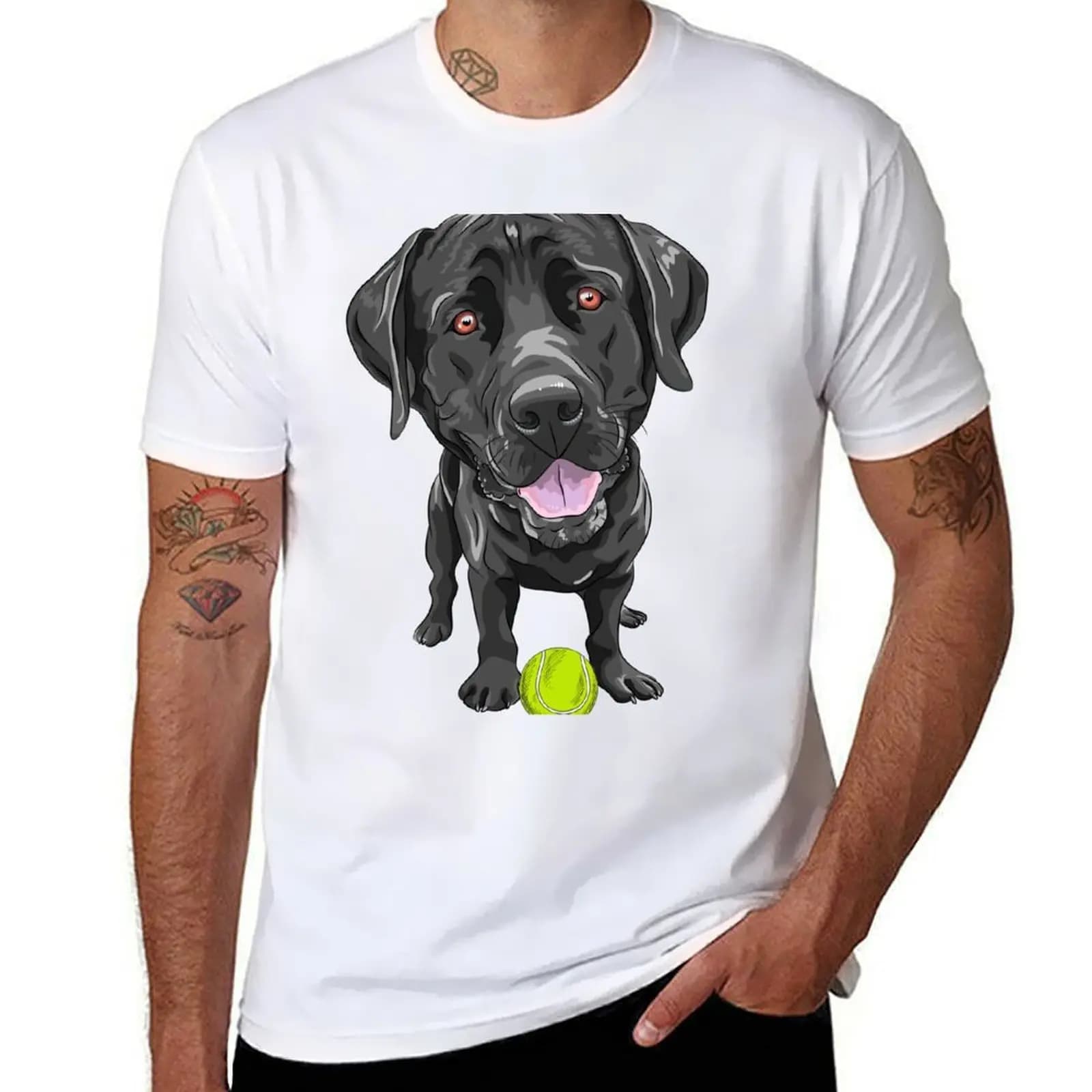 Labrador nero con palla da tennis T-shirt magliette divertenti maglietta da uomo in cotone maglietta di lusso