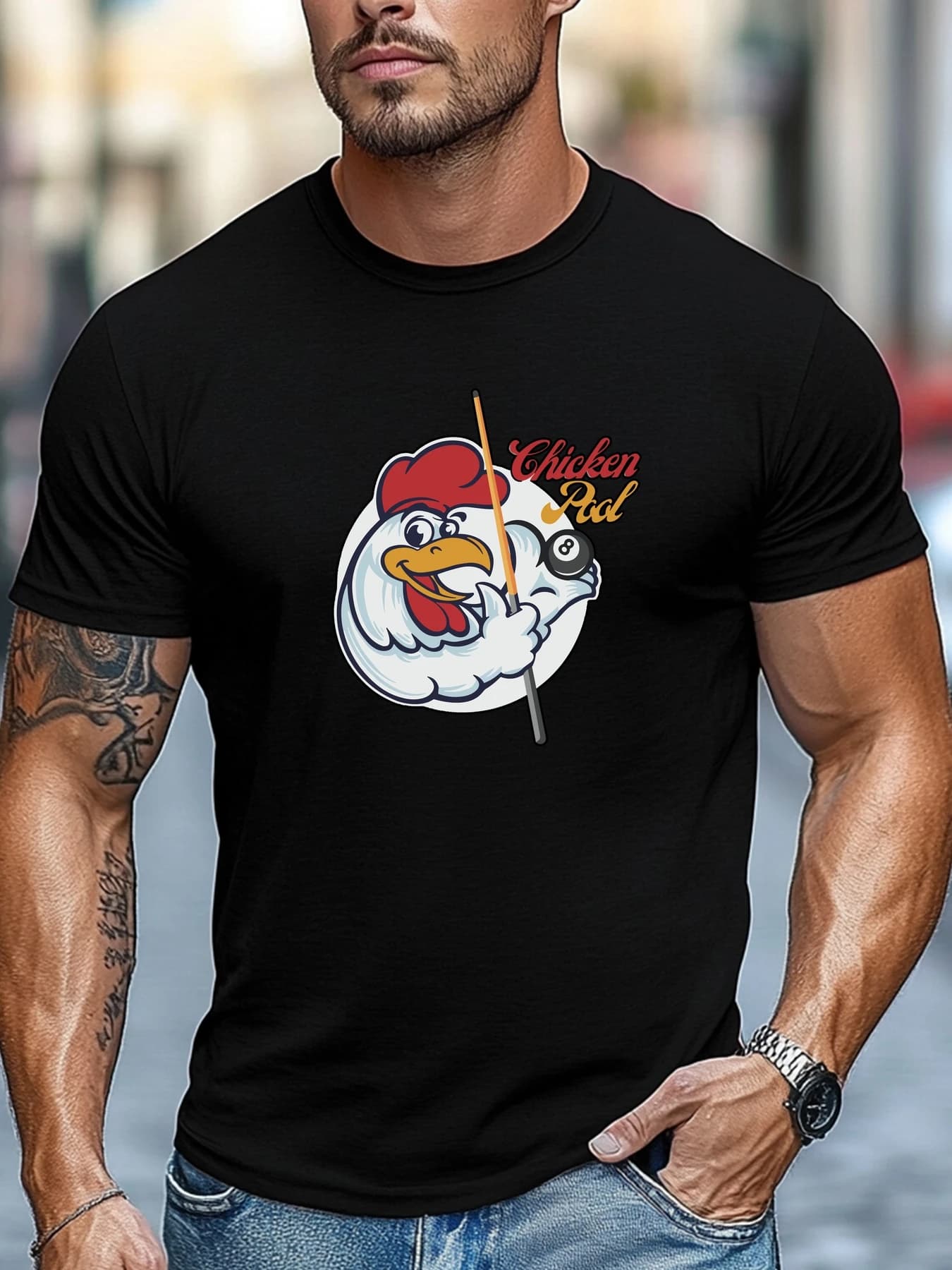 uomo Estate Piscina T-shirt Pollo Piscina Stecca Stampa Manica Corta Girocollo Traspirante Morbido Oversize Giocoso Abbigliamento Quotidiano
