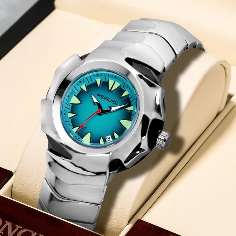 A men's silver strap with a dial displaying dates, cool, gorgeous, fashionable, business, leisure, and gift giving quartz watch