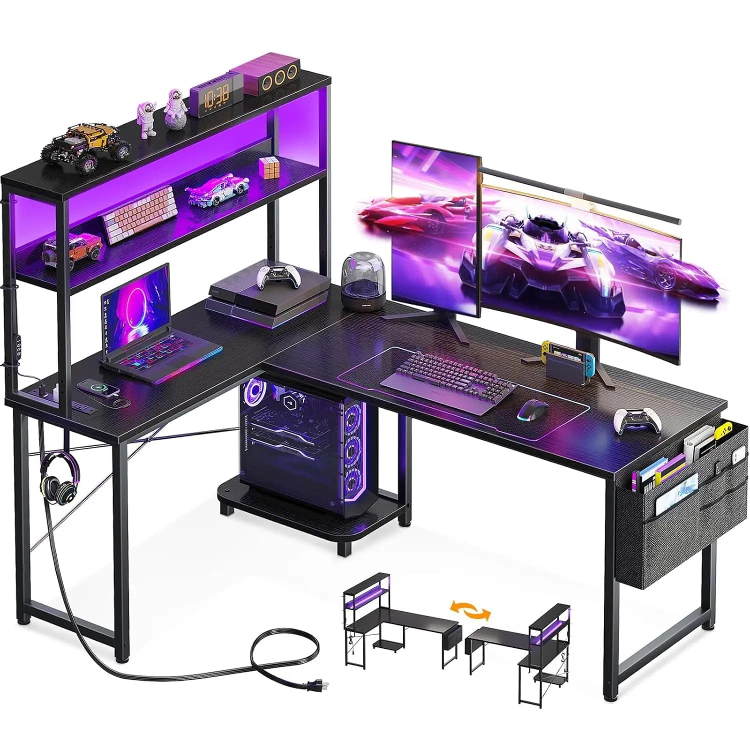 Scrivania a L per Gaming con Luce LED e Presa di Corrente, Tavolo per Computer a L Reversibile da 53 Pollici con Ripiano, Personalizzabile