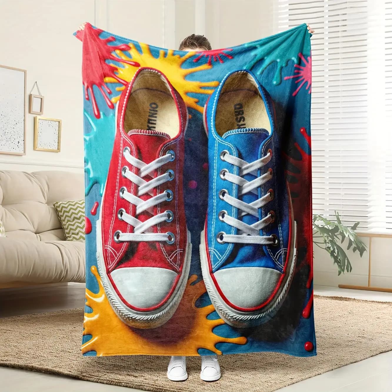 Tema scarpe da ginnastica stile Doodle Coperta stampata in flanella adatta a tutte le stagioni adatta per divano da ufficio e viaggi