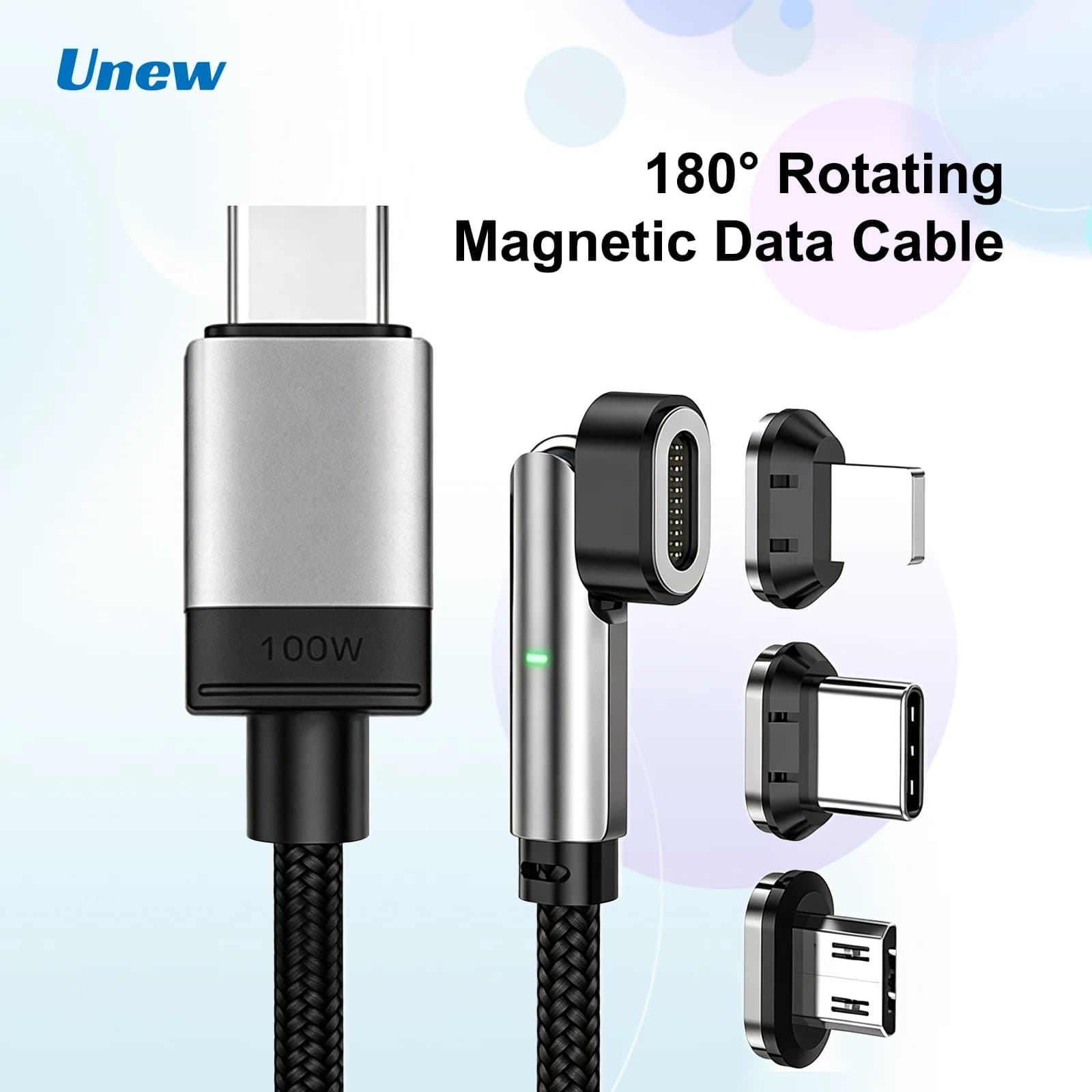 100W PD Magnetic Charging Cable 180° Rotatable Braided Fast Charging Cable Type C Lightning Micro USB 3 In 1 For iPhone Android