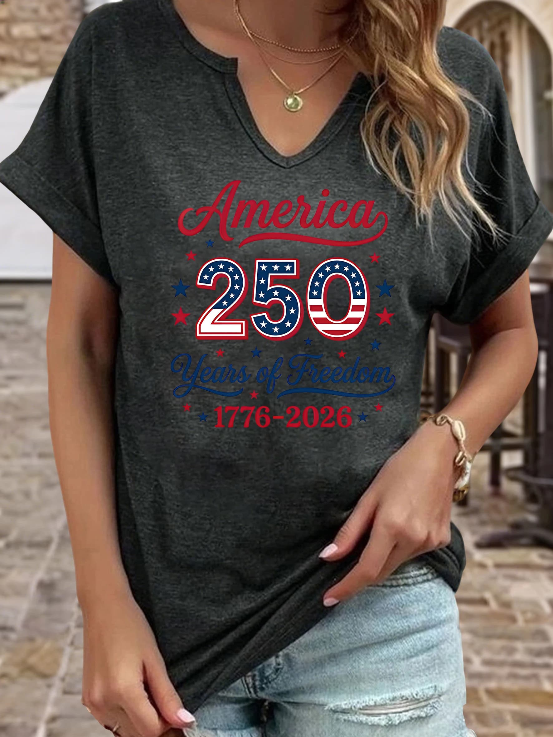 Women's Summer V-Neck Short Sleeve T-Shirt, "America 250 Years of Freedom 1776-2026" Patriotic Print Casual Top