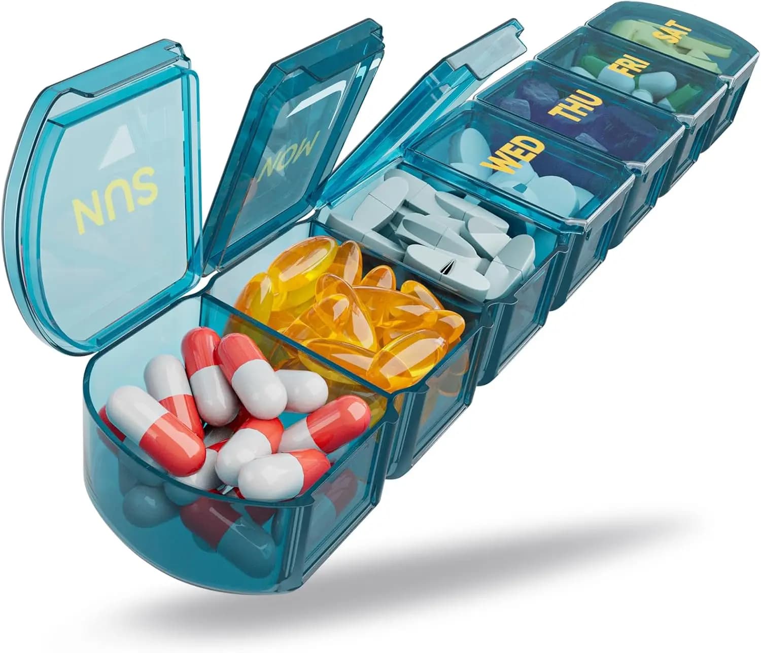 Grande Organizzatore Settimanale per Pillole, Porta Medicinali 7 Giorni per Vitamine, Integratori, Olio di Pesce - Facile da Aprire, Blu