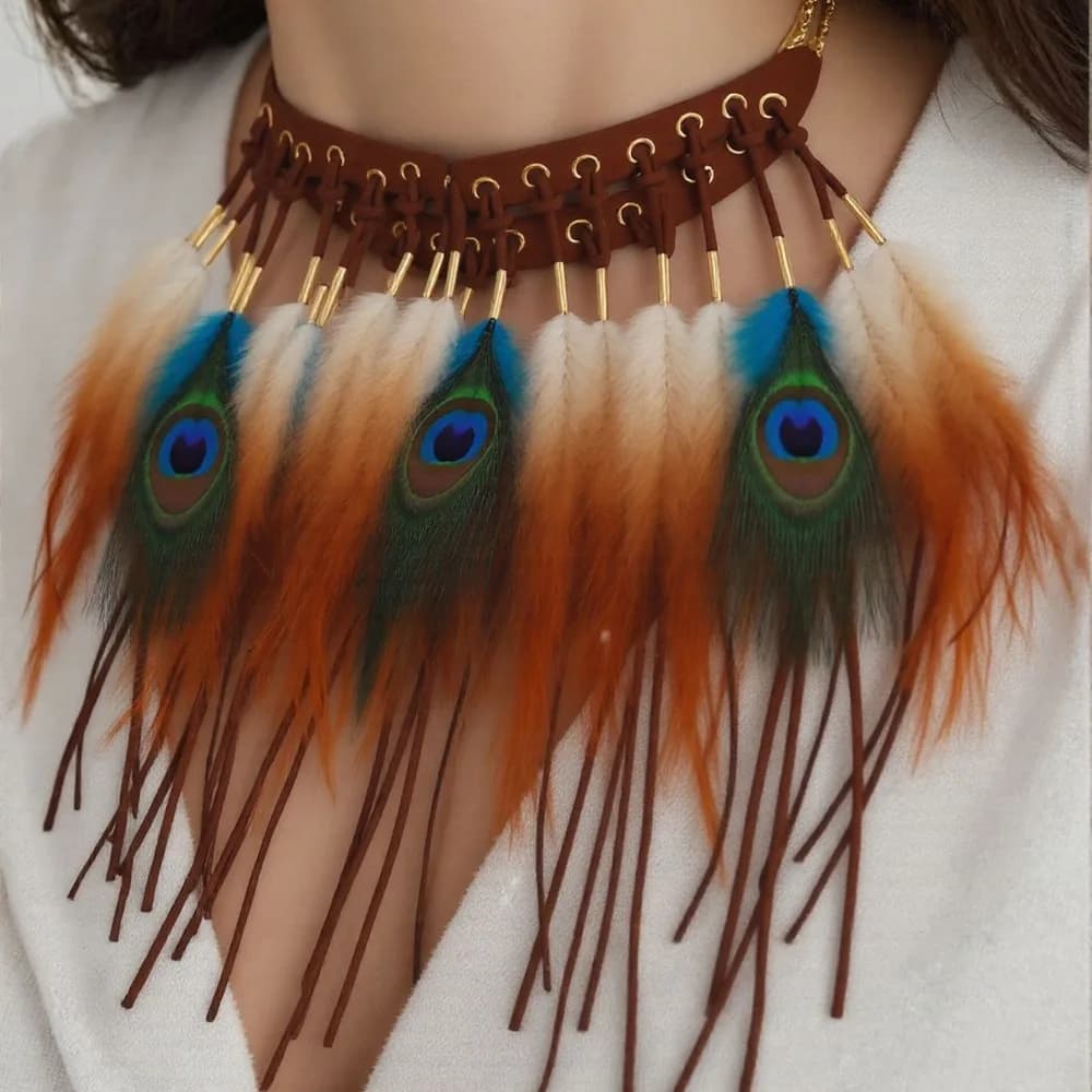 Collana Lunga Bohemien con Ciondolo in Piume Marroni e Nere, Collare Finto Indiano Hippie, Gioielli per Festival e Feste