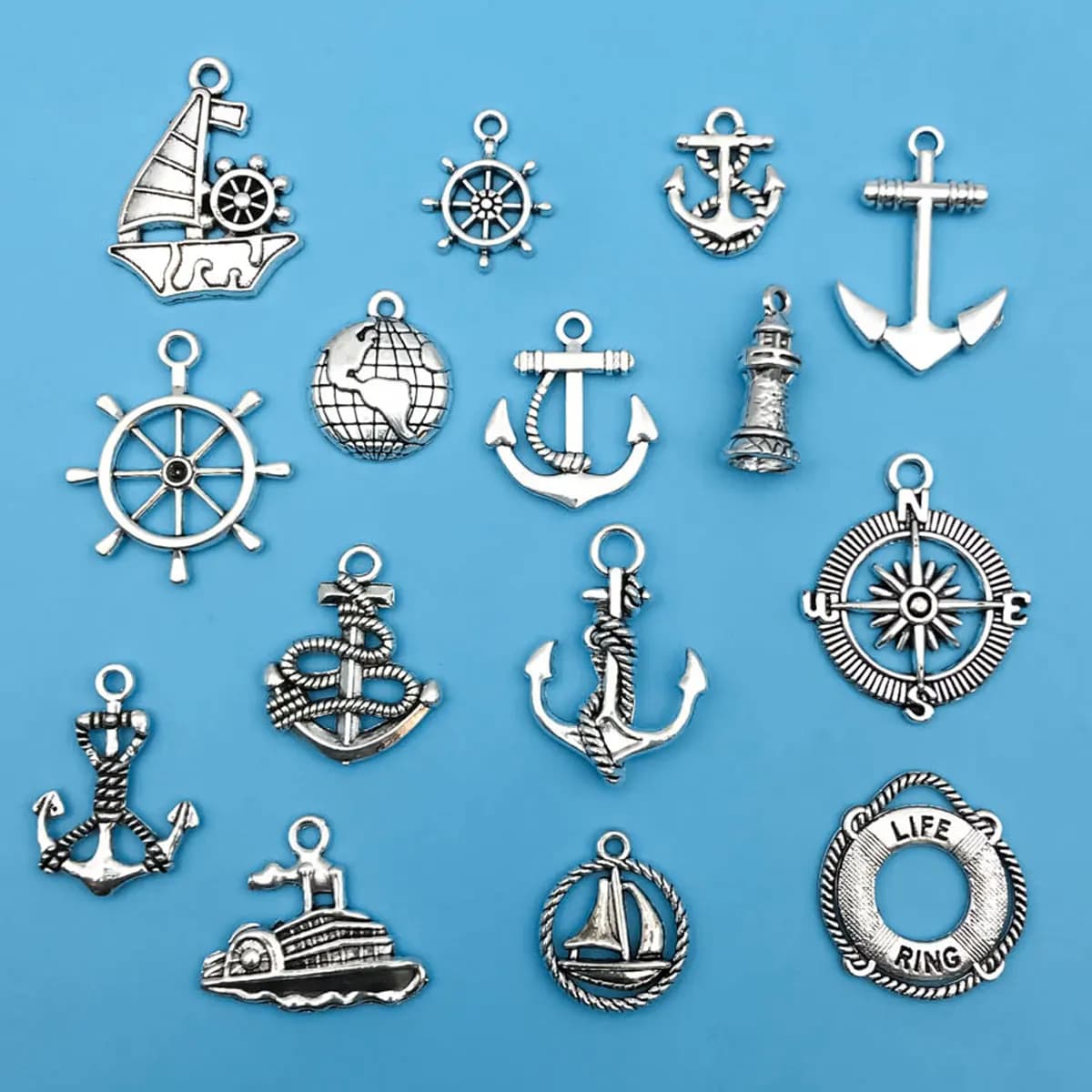 15 pezzi di ciondoli per barche con timone di ancoraggio argentato antico, pendenti di navigazione per bussola, per braccialetti fai da te, accessori per la creazione di gioielli
