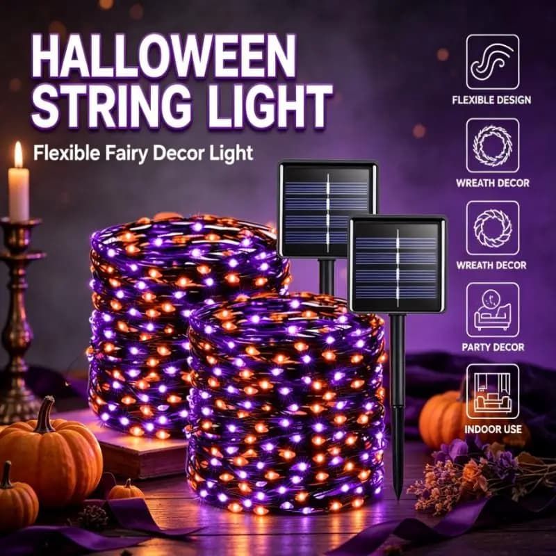 Solar Halloween String Lights, Purple and Red LED Fairy Lights on Flexible Black Wire for Pumpkin Skull Wreath Party Decor