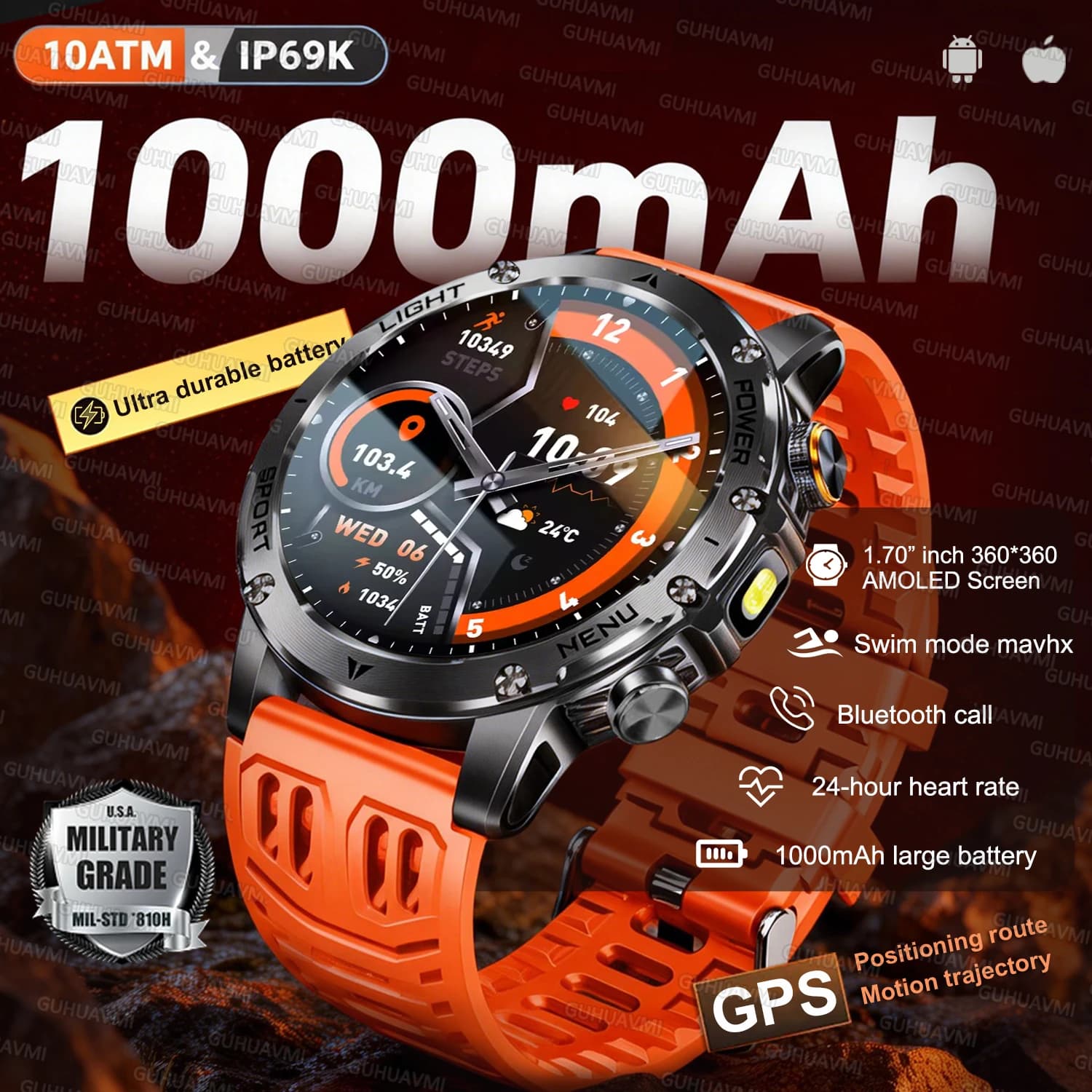 Nuovo Smartwatch Militare GPS 2026 con Batteria da 1000mAh, Impermeabile 10ATM, Torcia, Cardiofrequenzimetro e Tracker Sportivo per Uomo