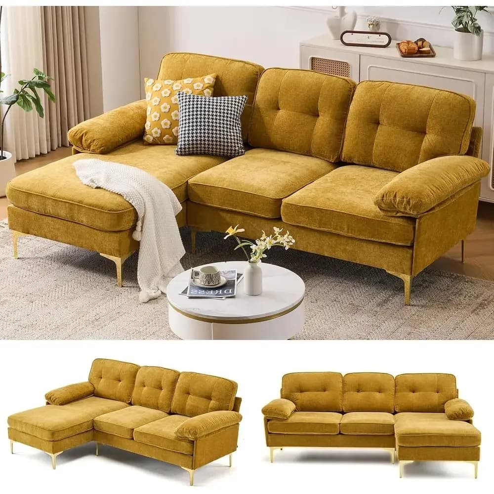 85 L-Shaped Sofa with Deep Seating, Chaise and Washable Covers in Chenille Yellow
