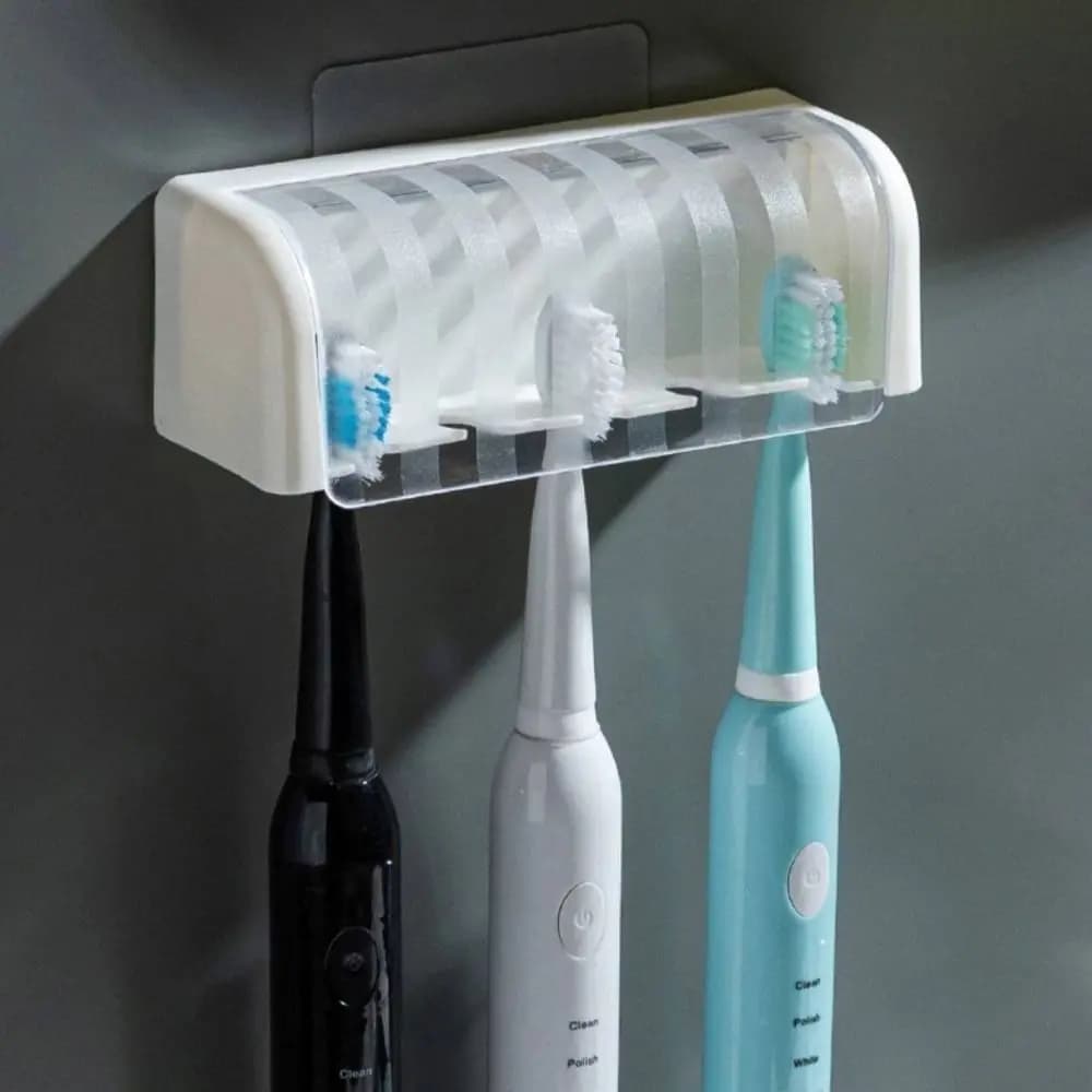 Plastic 5 Slots Toothbrush Holder Self-adhesive Wall Mounted Toothbrush Storage Rack Space Saving with Lid