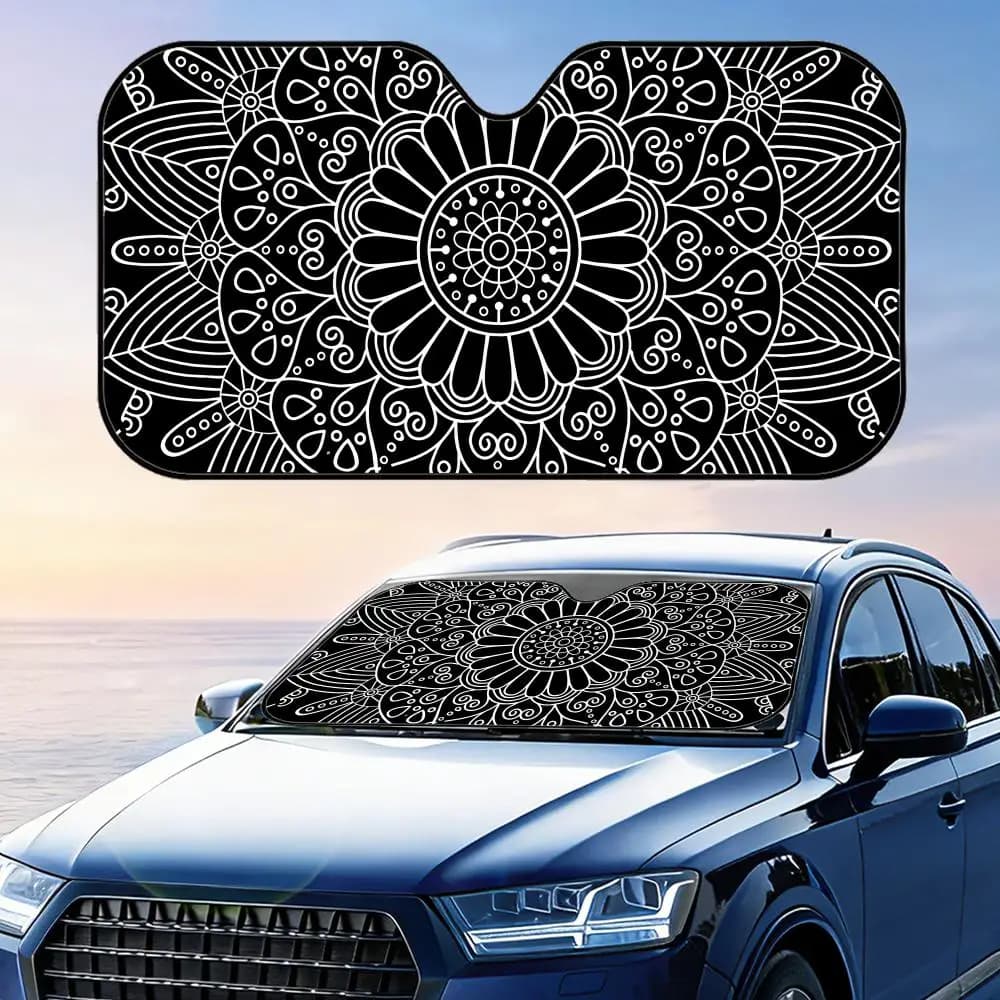 Black And White Geometric Sun Visor Car Front Windshield Sun Shade Foldable Reflective UV Protection Heat Insulation Cover