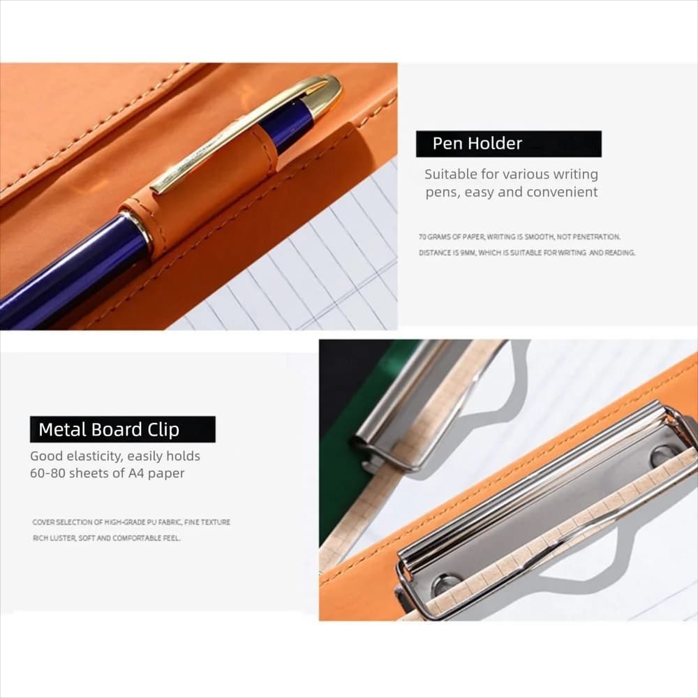 Cartella portadocumenti A4 con copertina, clip in metallo con portapenne, clip per scrittura in pelle PU, multifunzionale, antiscivolo