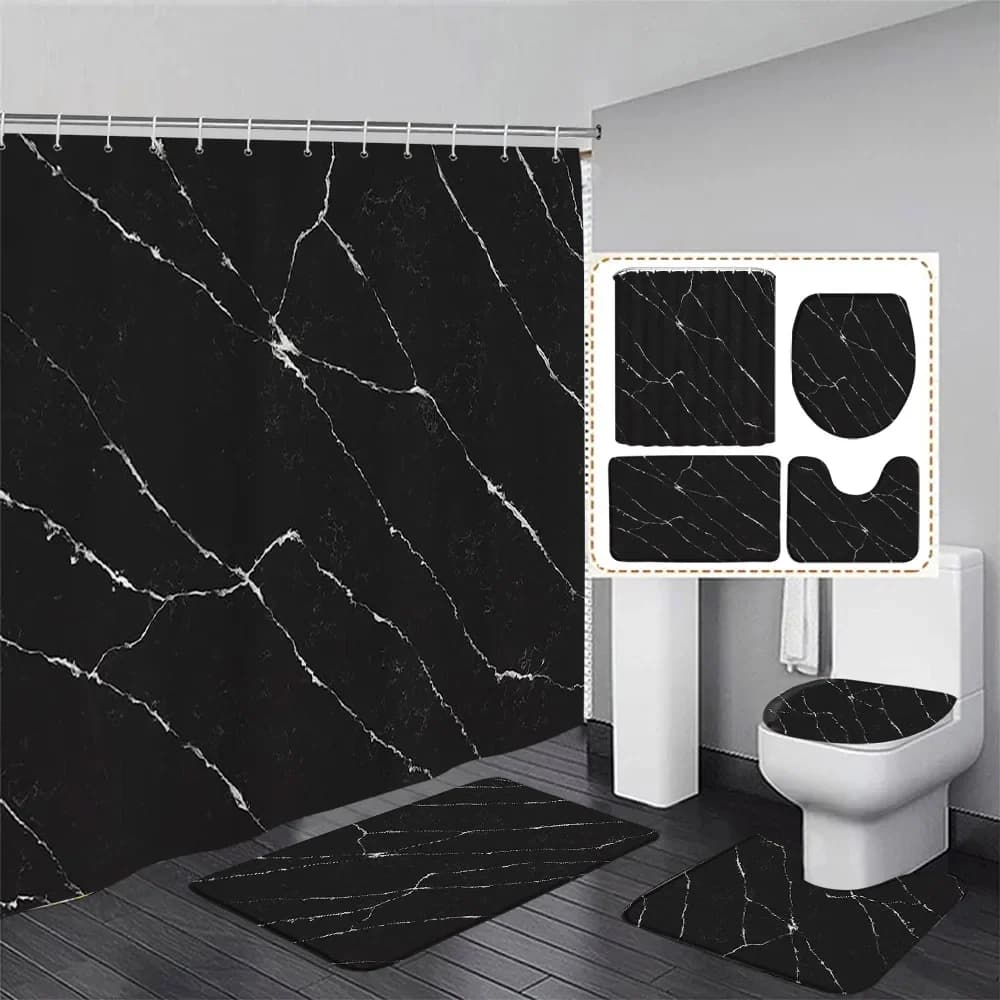 Set di tende da doccia in marmo nero Linee bianche Modello incrinato Decorazioni per il bagno geometriche moderne Tappeto antiscivolo Tappetini da bagno Copriwater