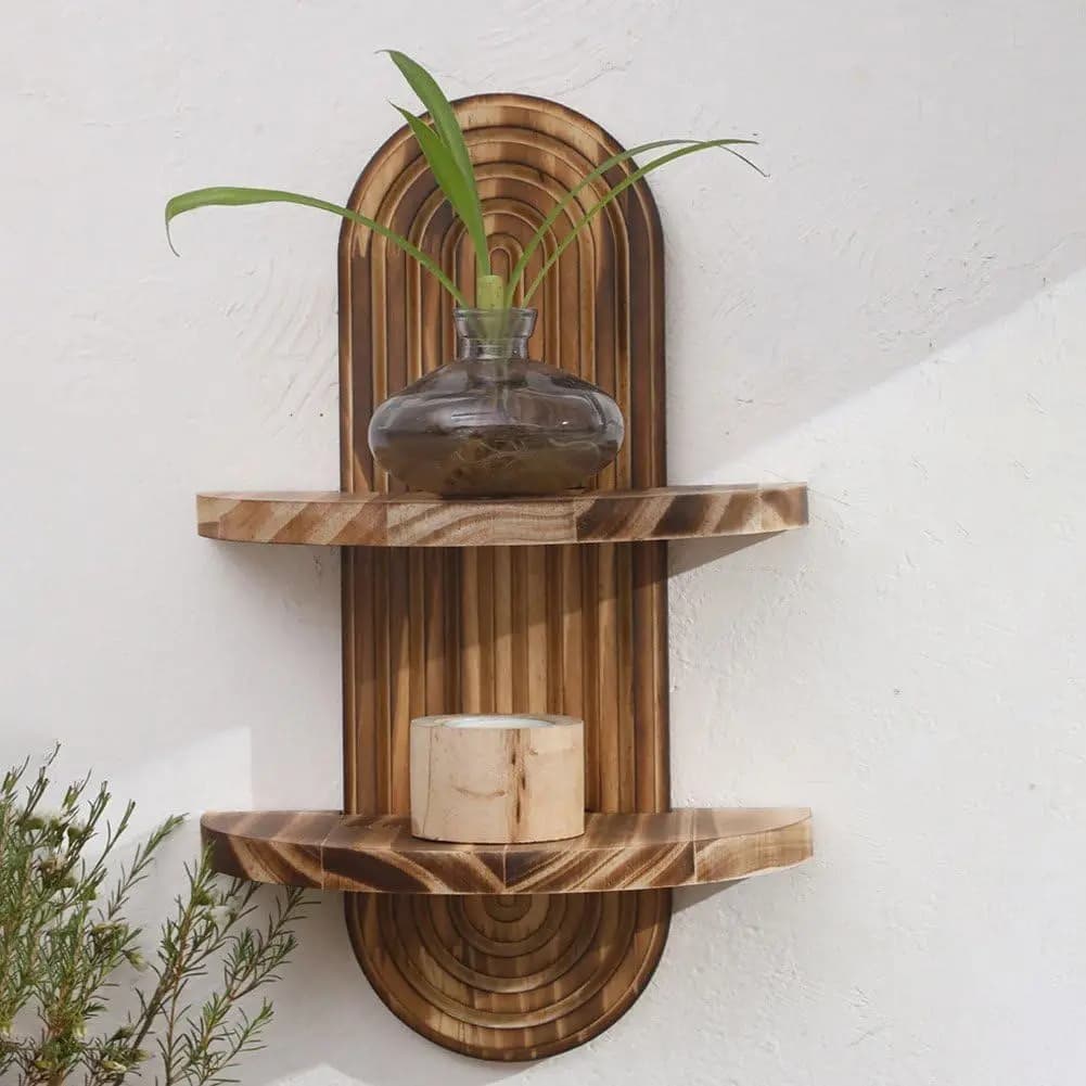 Bohemian Rainbow Hanging Wall Shelf 2 Tier Wooden Display Floating Shelves Mid Century Decor Organizer Brown For Multi-Scene Home Storage For Bedroom Bathroom Kitchen Living Room