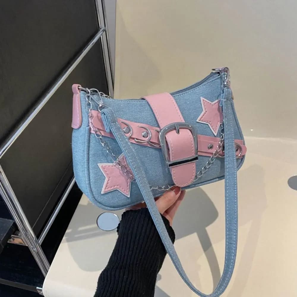 Casual Handbag Y2k Underarm Bag Star Pattern Tote Bag Korean Style Shoulder Bag Chain Denim Tote Bag Girls
