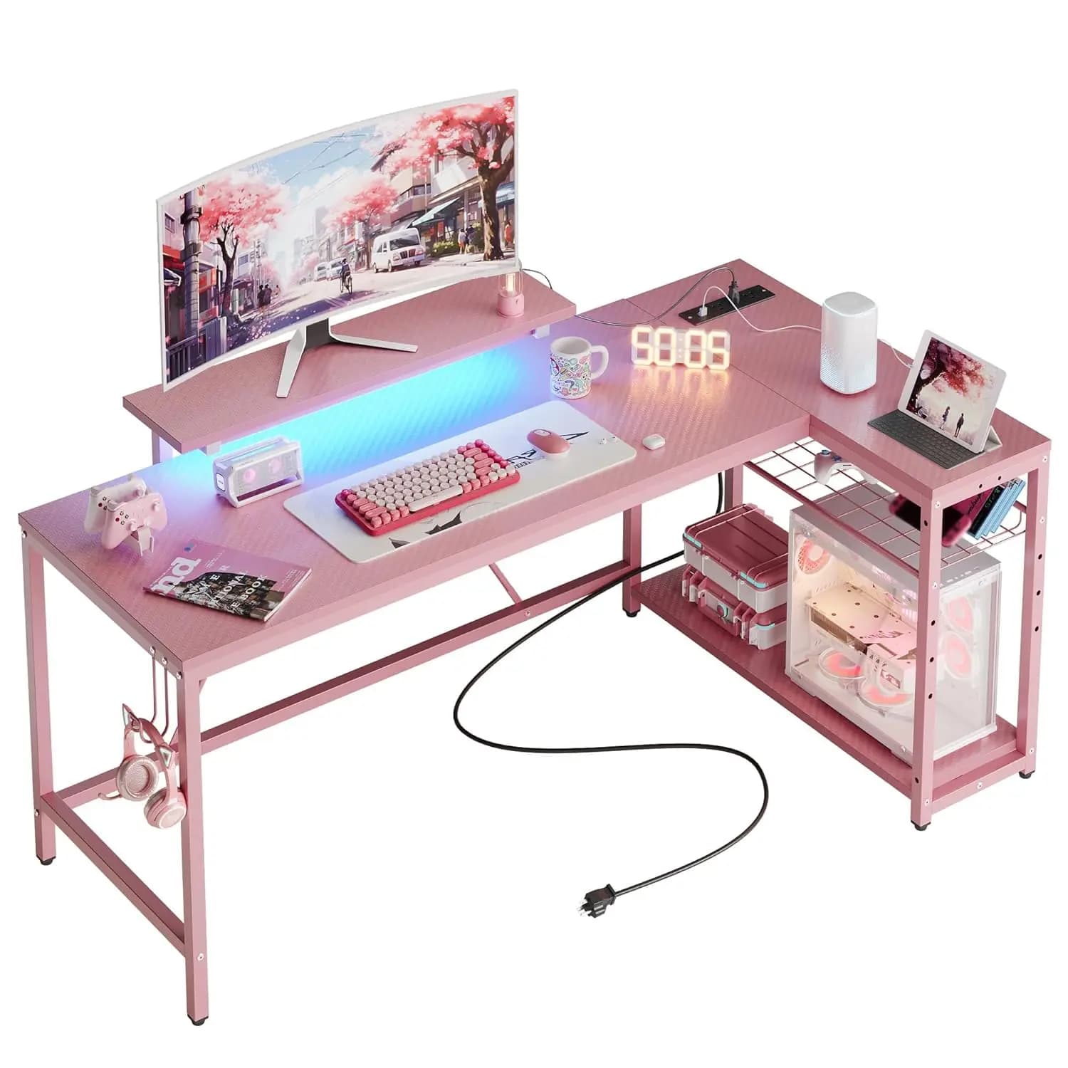 Scrivania da Gaming a L con LED, Prese di Corrente, Ripiani Reversibili, Ganci per Cuffie, Scrivania Angolare per Computer, Personalizzabile