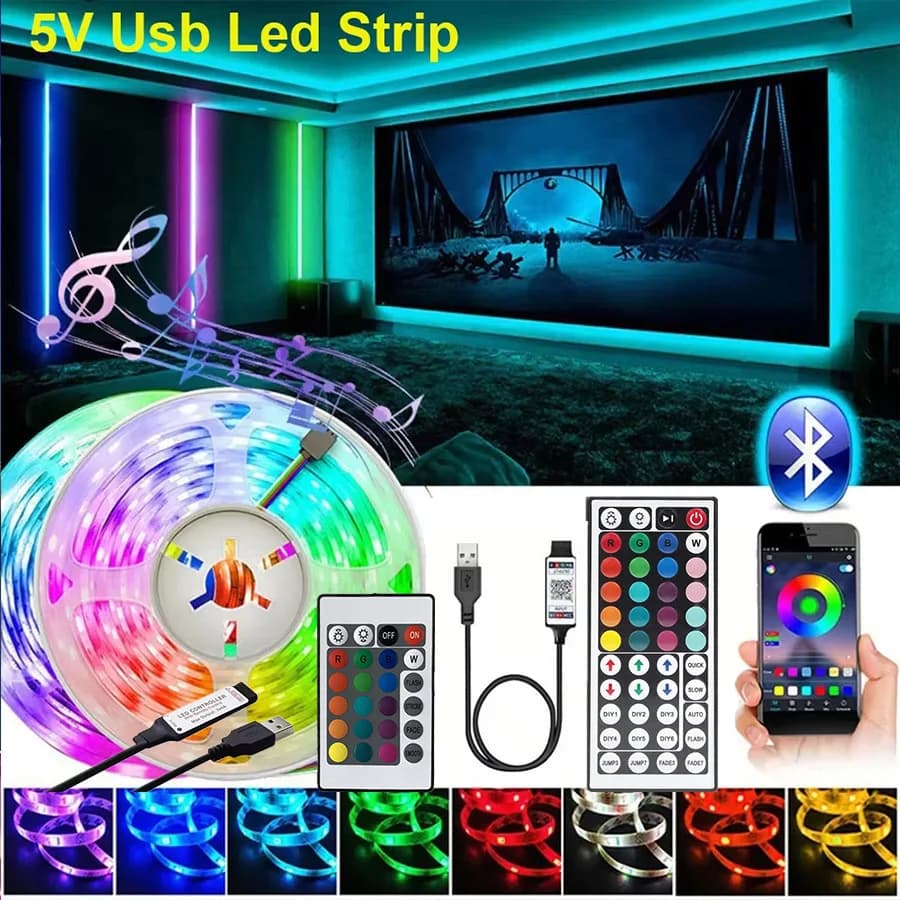 Strisce LED USB RGB da 1-5 m 5050 Nastro flessibile per lampada Nastro RGB per decorazioni natalizie Retroilluminazione di controllo APP musicale Bluetooth