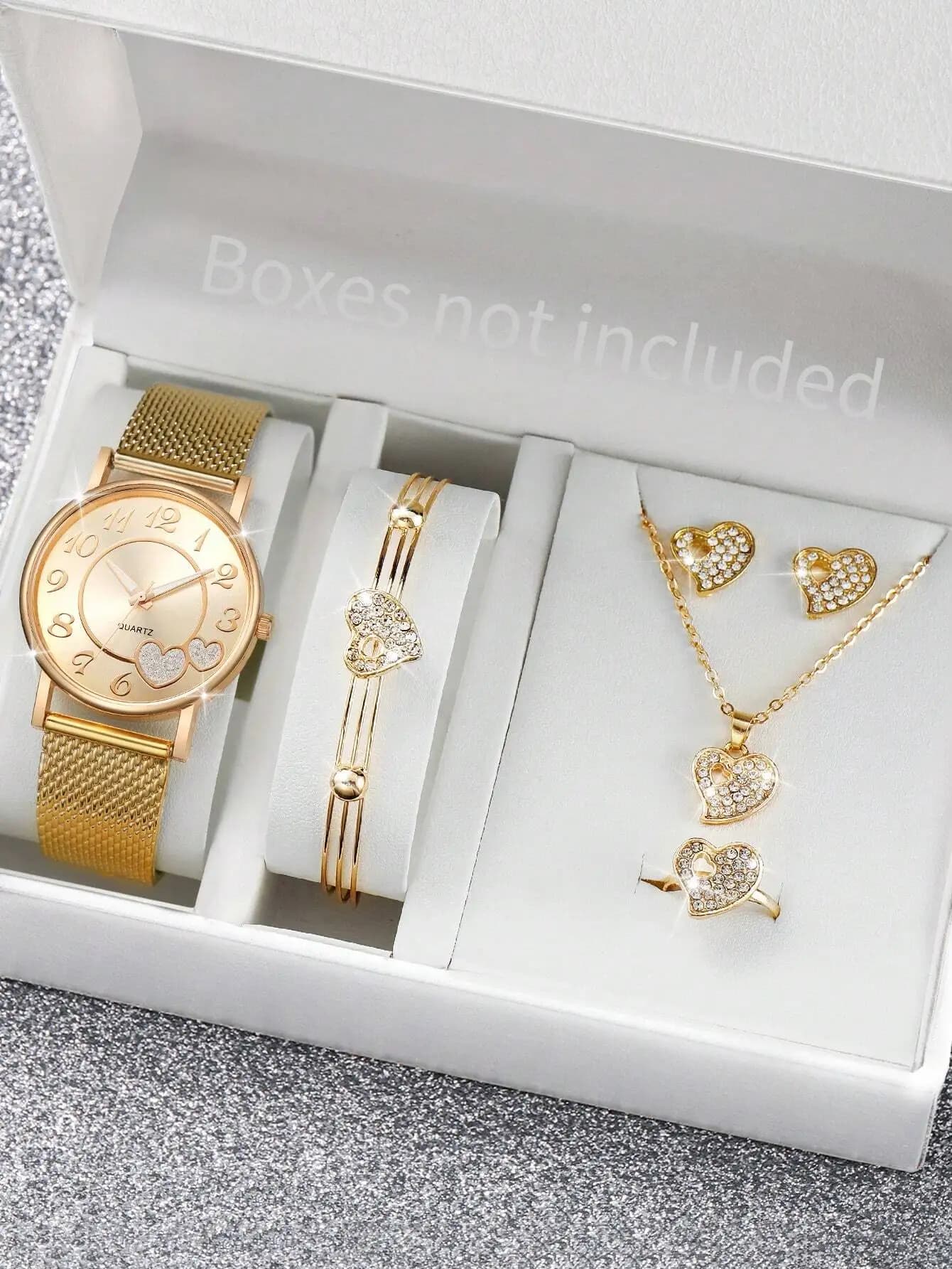 Set di gioielli con cuore in cristallo color oro e orologio al quarzo con cinturino in rete per donna