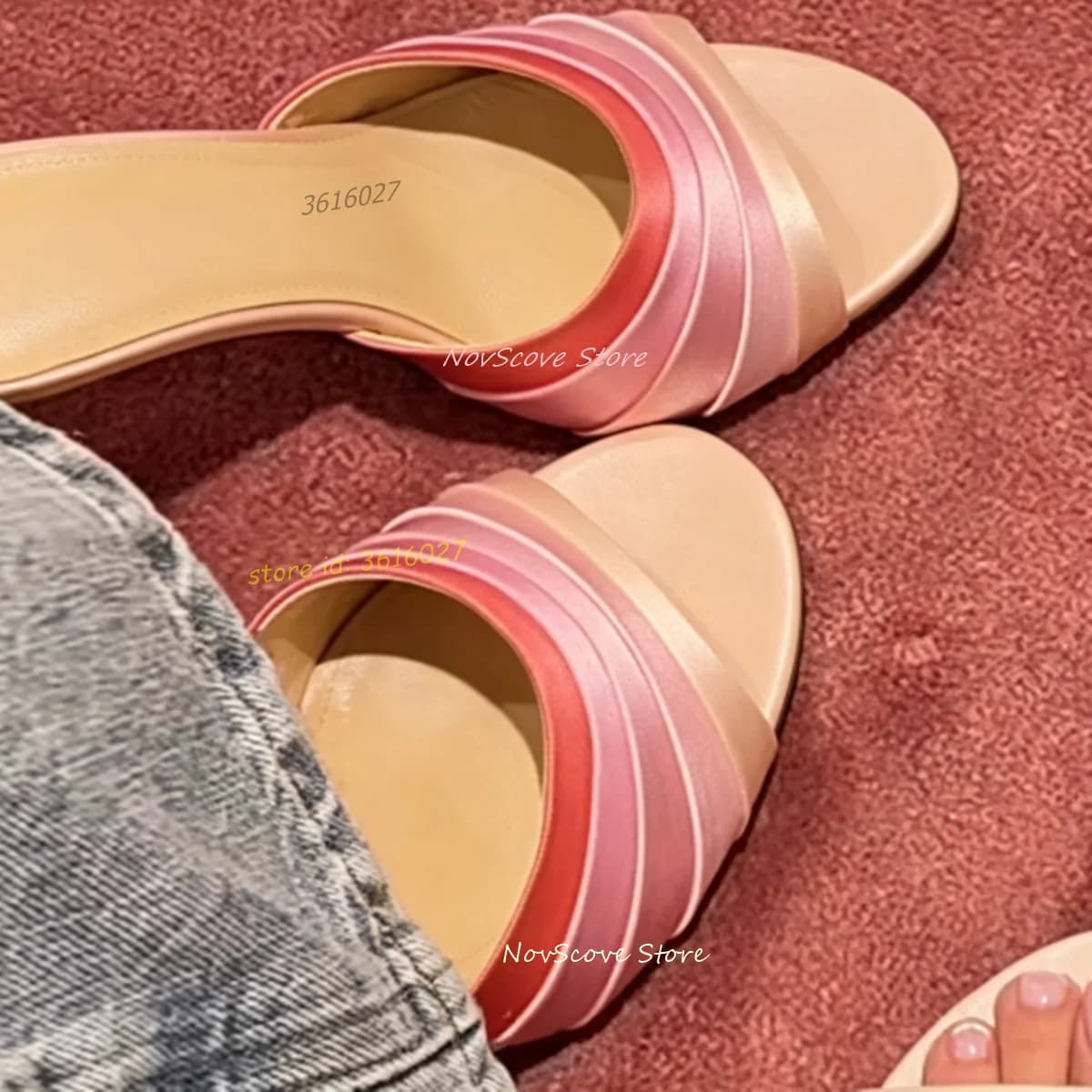 Open Toe Gradient Mules Mixed Color Stiletto High Heels Ruffled Fold Satin Upper Slip On Fashion Slippers Party Dress Sandals