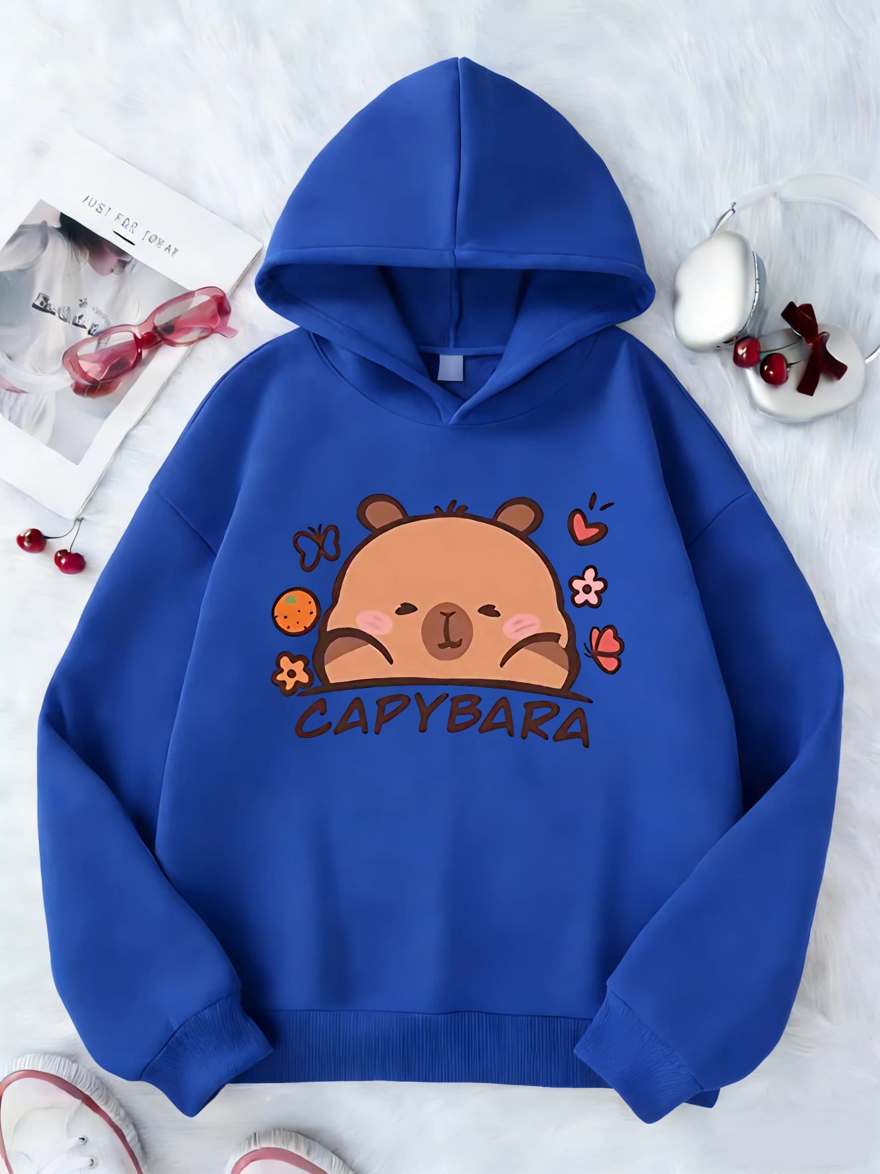 Felpa con Cappuccio per Bambini con Stampa Floreale e Capibara, Manica Lunga, Casual Primaverile per Ragazzi e Ragazze