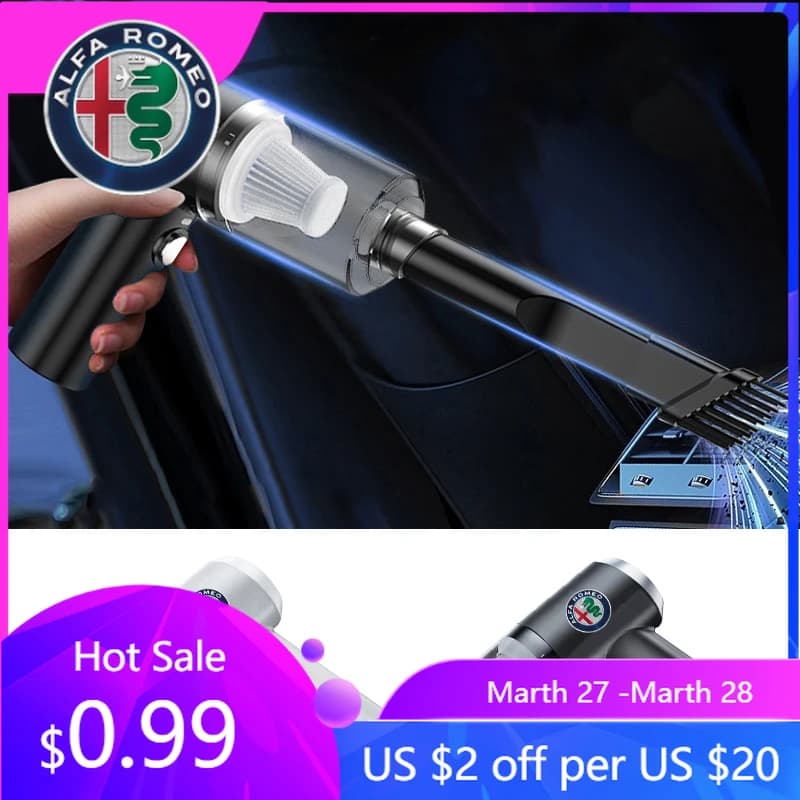 Aspirapolvere Portatile Senza Fili per Auto Alfa Romeo 9000PA, per Alfa Romeo Spider, Giulia, Giulietta, 147, 156, 159, Mito, Stelvio