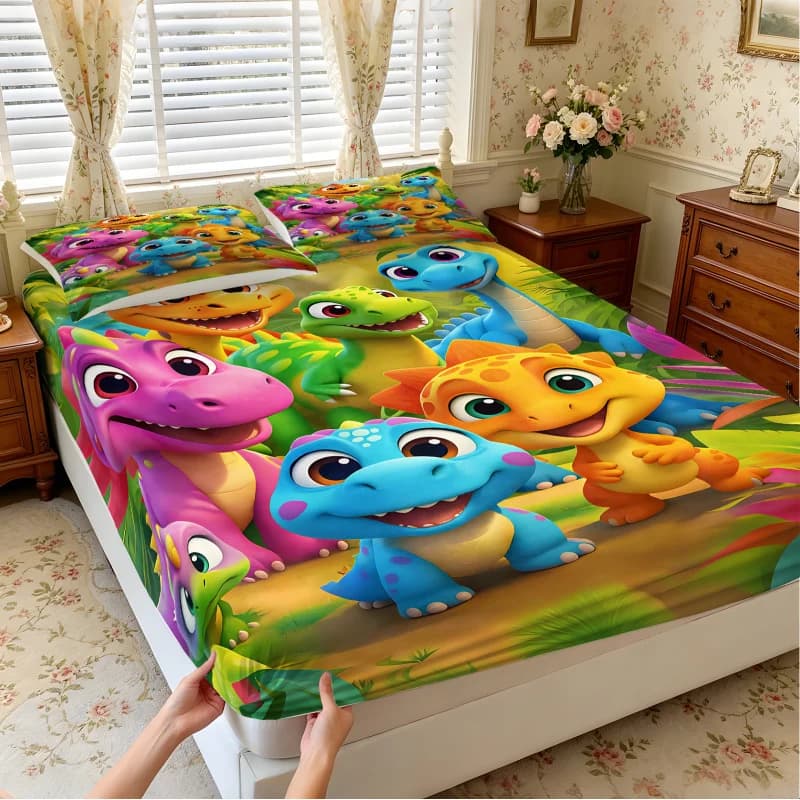 Vibrant Jungle Dinosaur Fitted Sheet Set, Skin-Friendly Fabric Bed Sheet, Deep Pocket Design for Twin/Full/Queen Size Beds