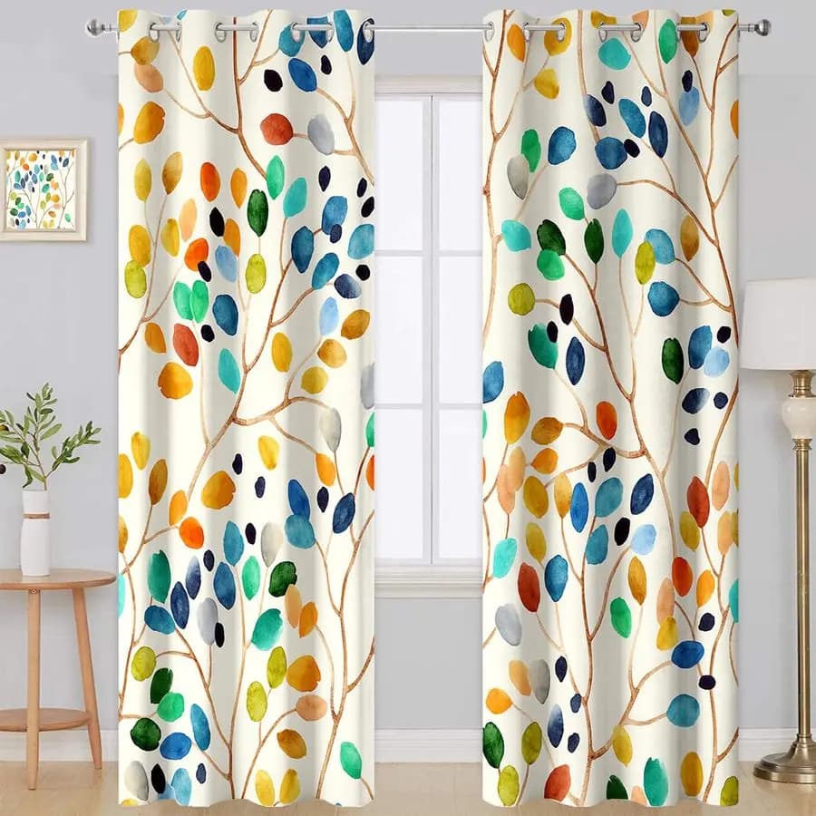 Dark Curtains with Floral Print Watercolor Sheets, Colorful Curtains Style Bohemien, Set of 2 Panels with Bedroom Eyelets and Living Room