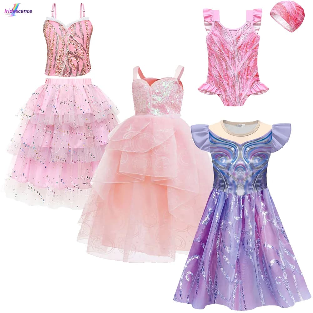 Costume da strega per bambini Glinda rosa in due pezzi con bretelle e paillettes, gonna a strati in rete, costume da bagno, cuffia da bagno, carnevale per ragazze, Halloween