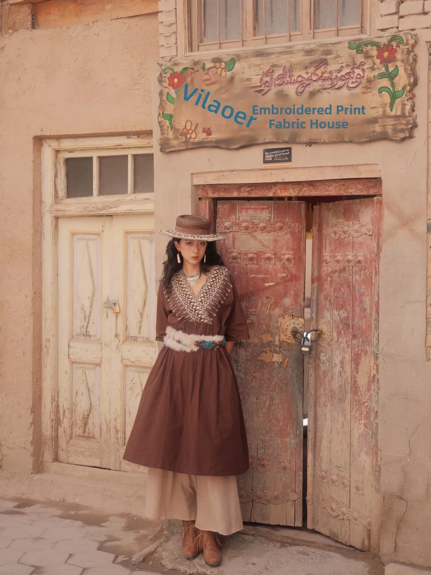 Journey Store Ethnic Style Mid-Length Dress Loose Fit Slimming Brown Embroidered Vintage Dress H-Shape A-Line Skirt