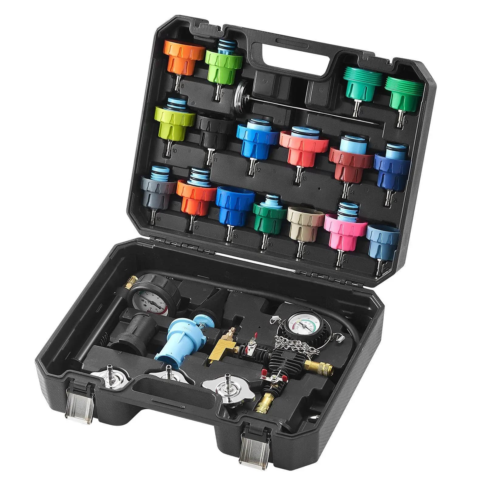 Tester di pressione per radiatore da 28 pezzi con pompa manuale e tappi codificati a colori per il riempimento del liquido refrigerante sotto vuoto per auto
