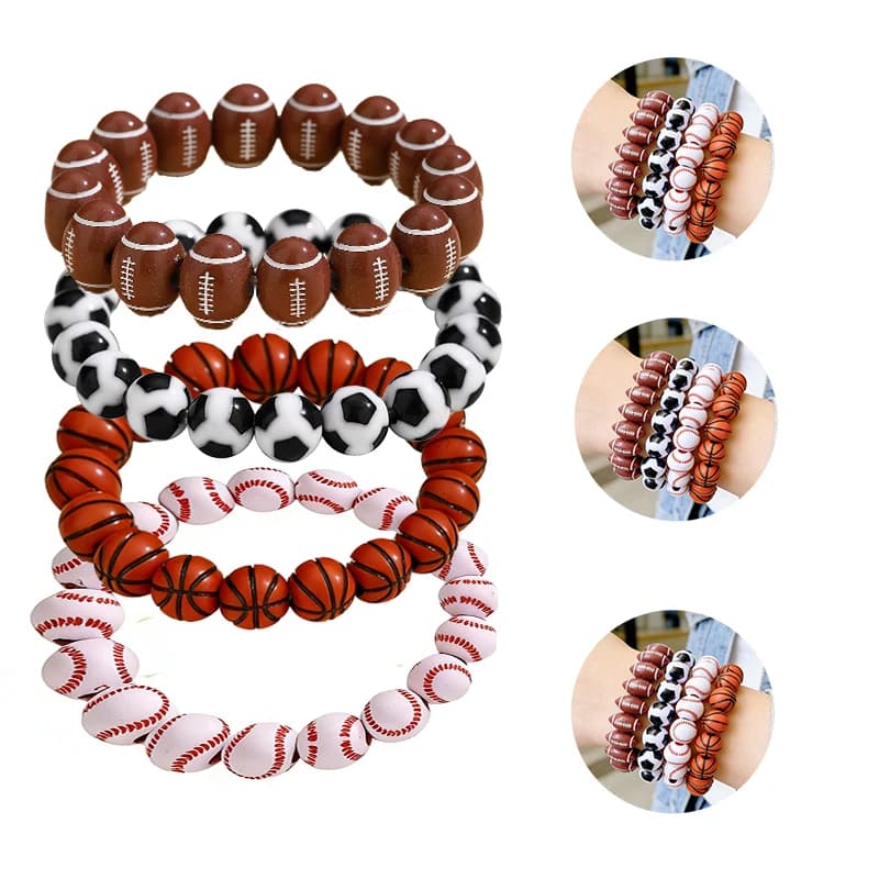 Braccialetto con 4 palline da football americano, baseball, basket e tennis, bracciale in acrilico, ciondolo alla moda, gioiello per appassionati di sport, per donna e uomo