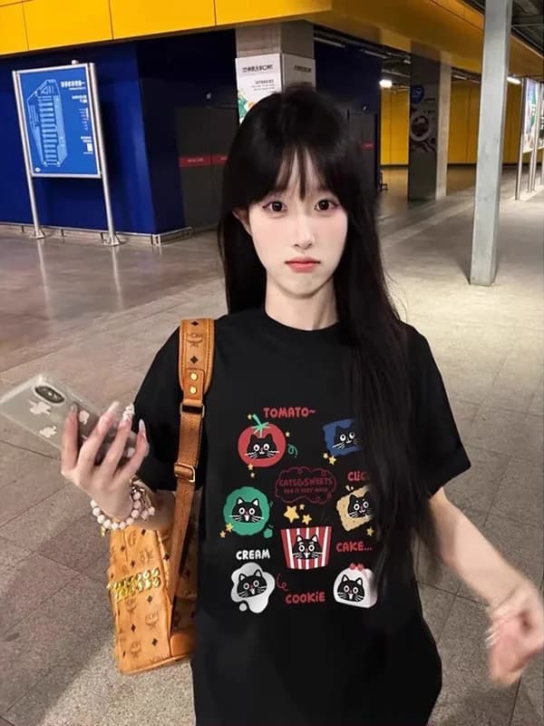 Loose Black Short Sleeve Women's T-shirt Korean College Style Half Sleeve Summer Cotton Casual Printed Top Slimming Effect