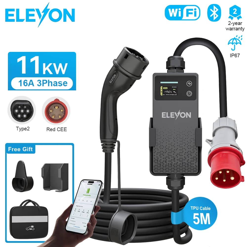 ELEVON 11kw Type2 Electric Vehicle Charger 16A Three Phase Portable EV Charger EVSE Wallbox with 5m Cable App WiFi Bluetooth