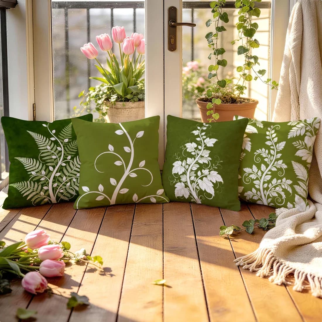 Fodera per cuscino stampata su un lato con motivo vegetale verde oliva, 4 pezzi, adatta per soggiorno, camera da letto, decorazione per auto