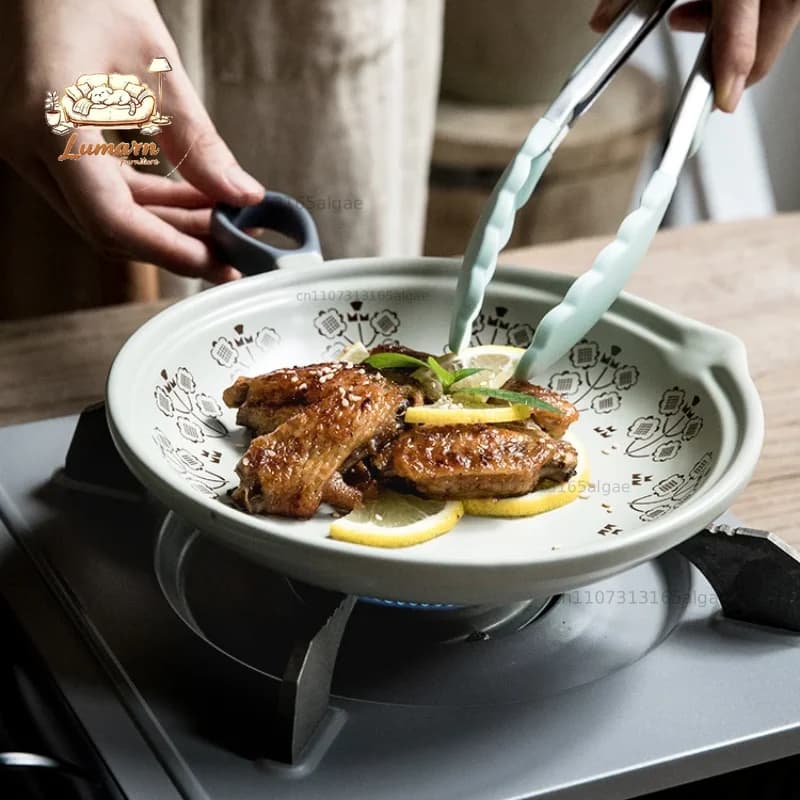 Single Handled Casserole High Temperature Resistant Vintage Ceramic Pots Frying Pan for Steak and Eggs Home Cooking