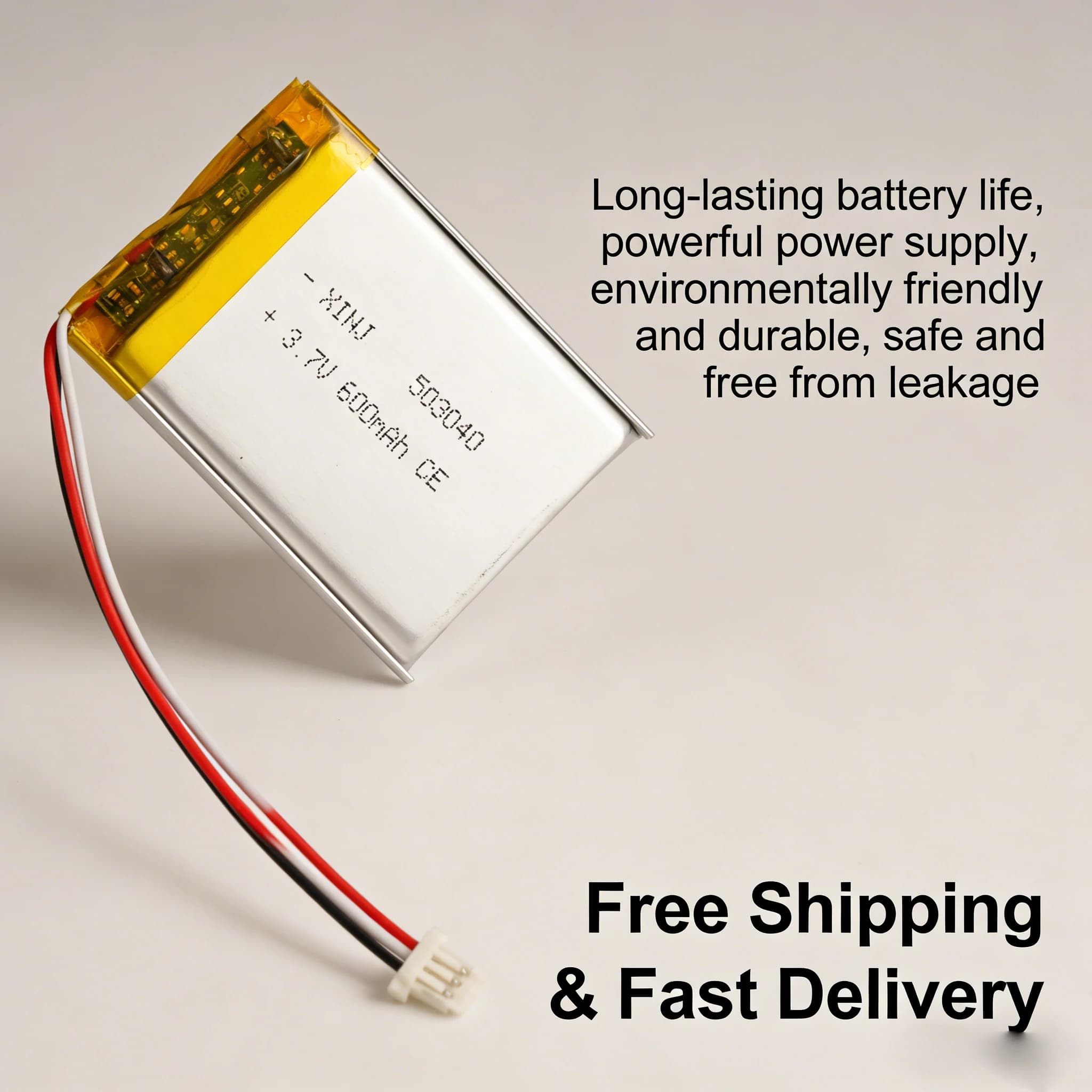 Lipo 3.7V 600mAh 503040 Battery with JST SH 1.0 3 Pin Connector for Dash Cam, Auto Camera, GPS Navigator, LED Light, 3 Wire Rechargeable to Lithium Ion