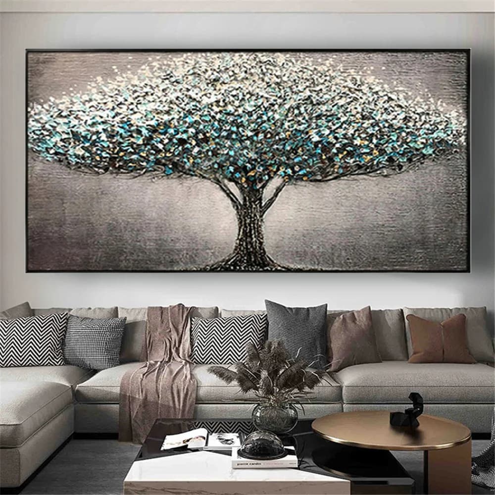 Enorme verde blu grande albero immagine 100% dipinto a mano moderno tavolozza coltello pittura a olio su tela poster wall art decor immagine regalo