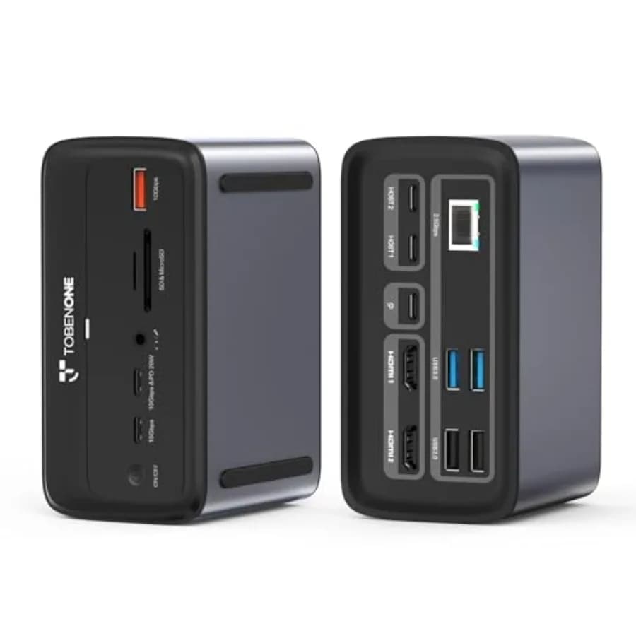 MacBook Docking Station for Home Office: Aluminum, Black, Dual 4K@60Hz via 2 HDMI, 16-in-2 USB-C, 7 USB ports, 100W GaN power,